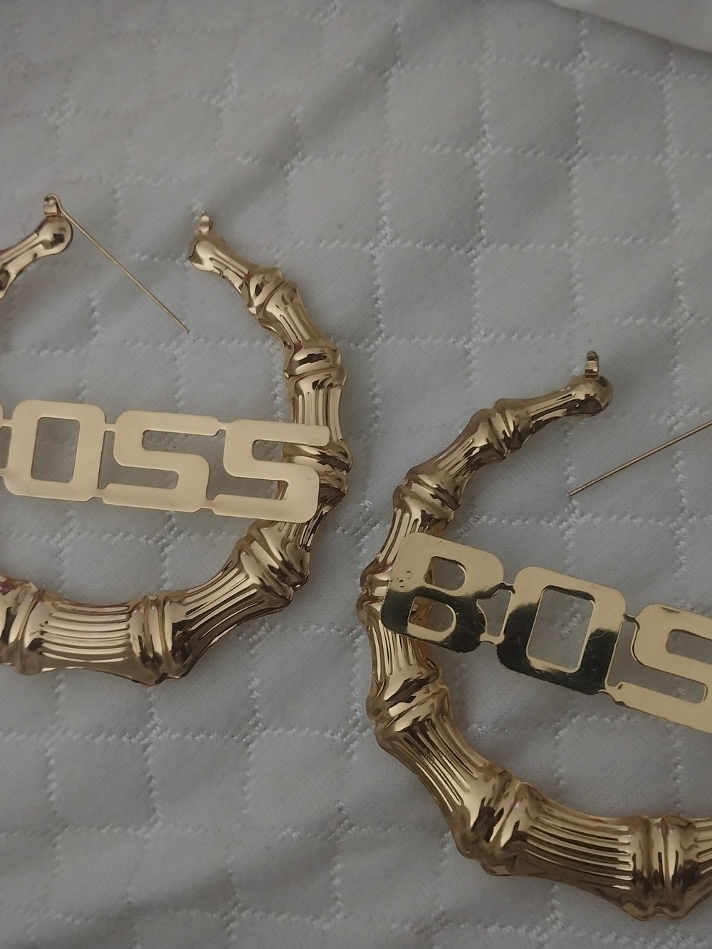 Gold Bamboo Hoop Earrings with 'BOSS' Nameplate